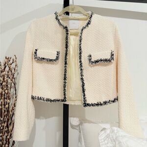 Mango Chic Cream Tweed Jacket with Black Trim